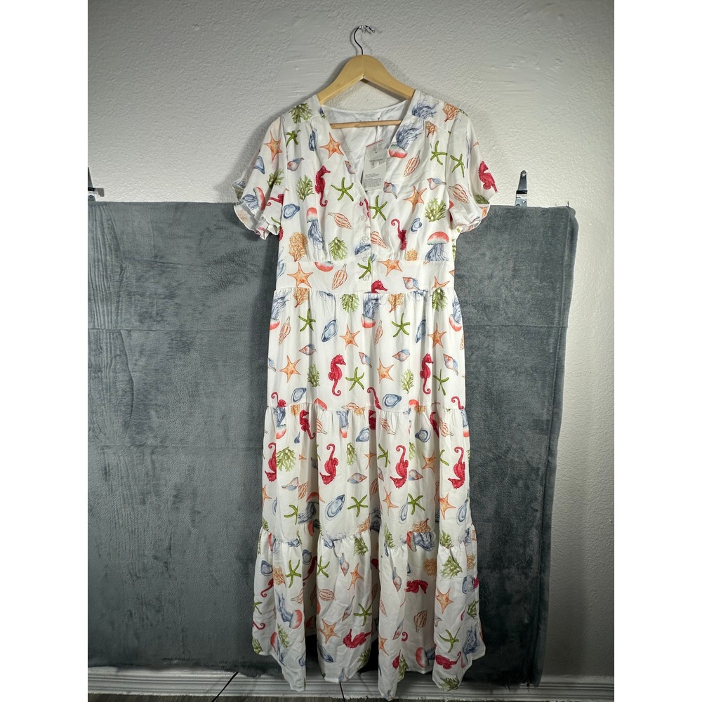 PrettyGarden Women XL White Nautical Seahorse Starfish Tiered Maxi Dress NWT